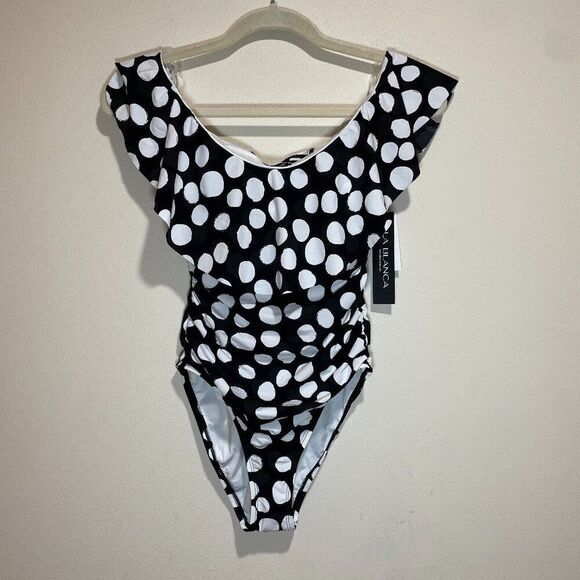 NEW La Blanca Size 6 Mod For Dot Polka Dot Ruffle One Piece Swimsuit Black White - Picture 3 of 15